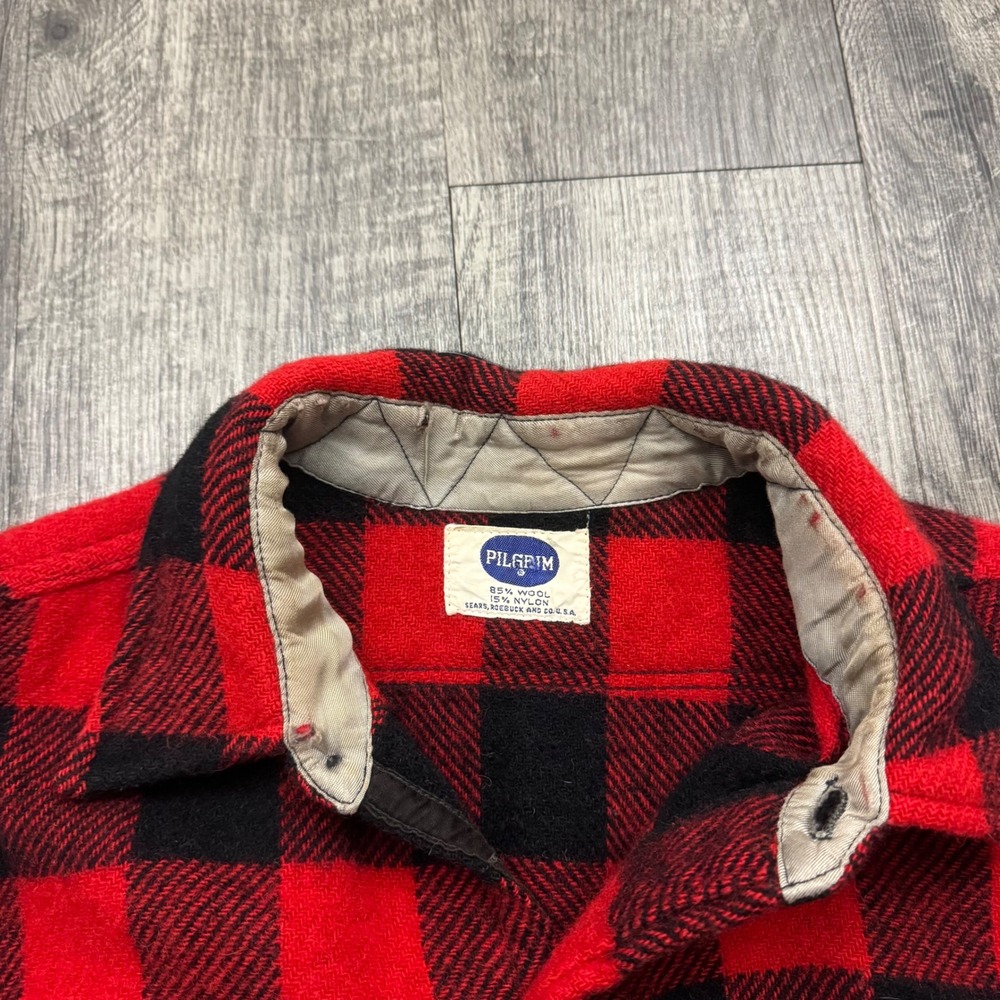 Vintage 50s 60s Pilgrim Buffalo Plaid Wool Button Shirt L/XL - Picture 4 of 6